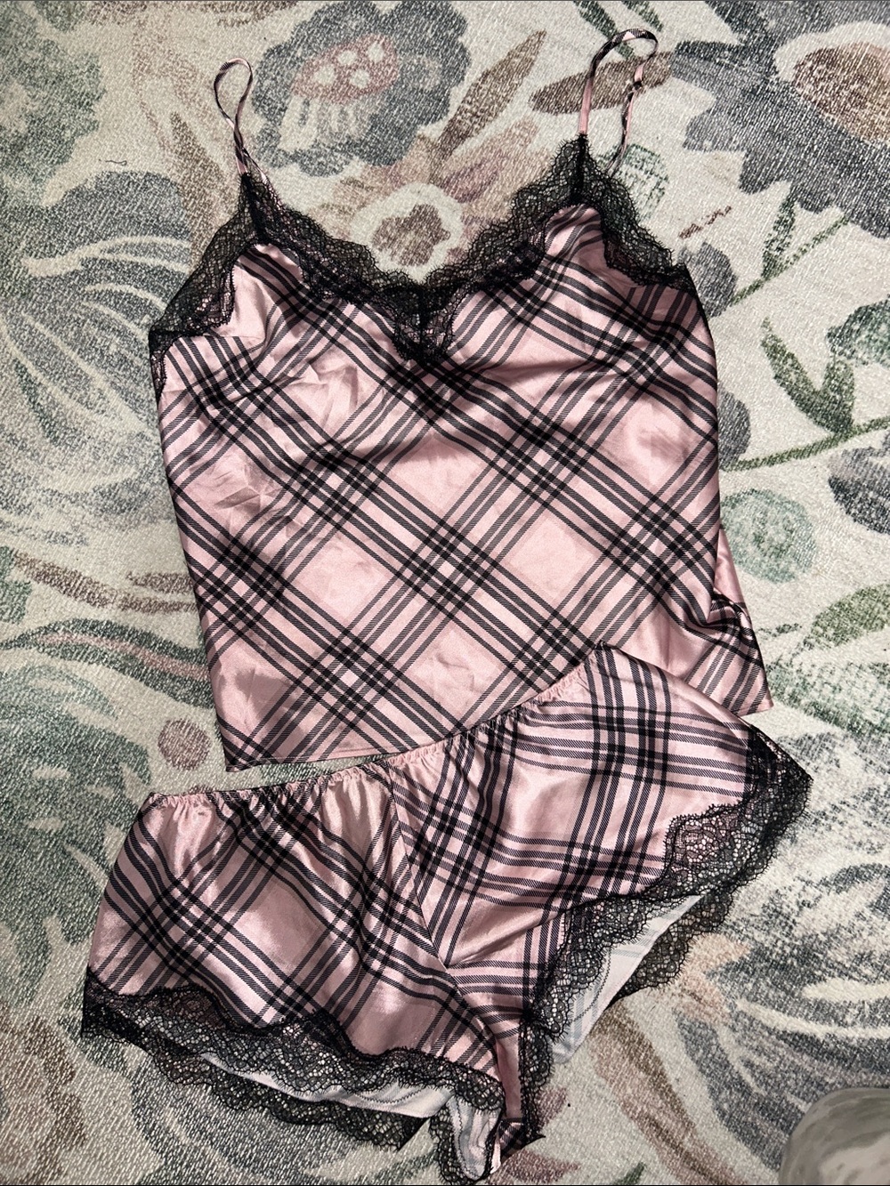 Victoria's Secret Pink & Black Plaid Satin Cami and Shorts Set